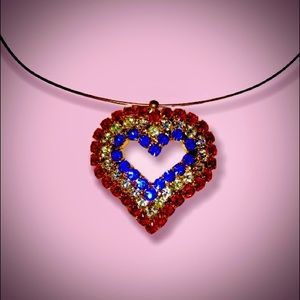 Heart Shaped Rhinestone Choker Necklace- Patriotic Colors- Red White Blue
